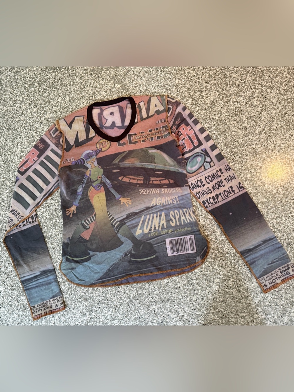French Vintage Y2K Cop.Copine "Martial”comic space Martian graphic mesh top